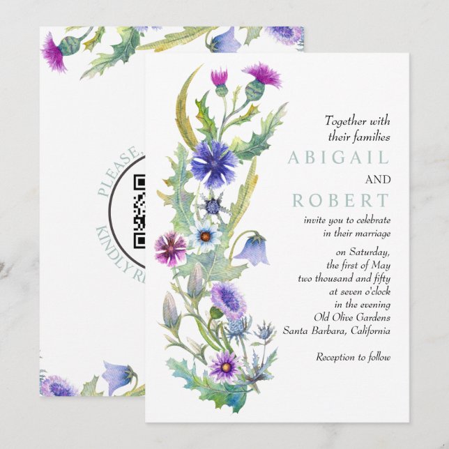 Invitación Flor silvestre acuarela código QR boda primavera (Anverso / Reverso)