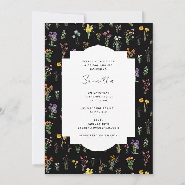 Invitación Flor silvestre acuarela Floral negra ducha de novi (Anverso)