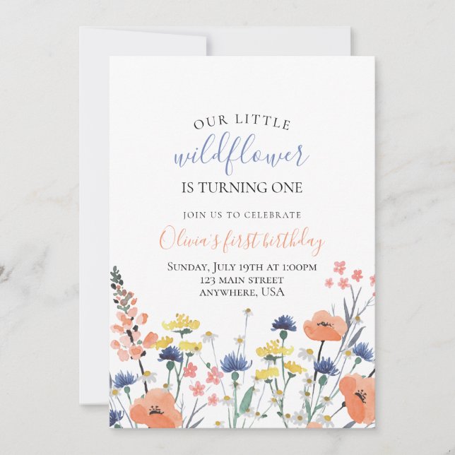 Invitación Flor silvestre acuarela floral primer cumpleaños (Anverso)