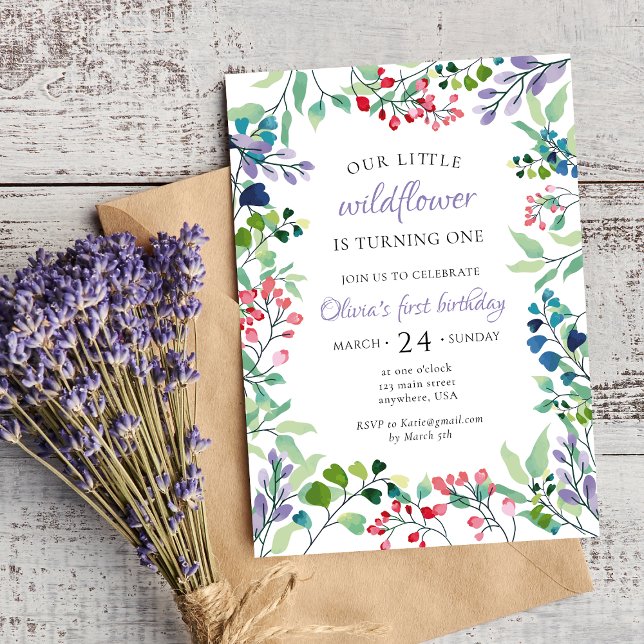 Invitación Flor silvestre acuarela floral primer cumpleaños (Subido por el creador)