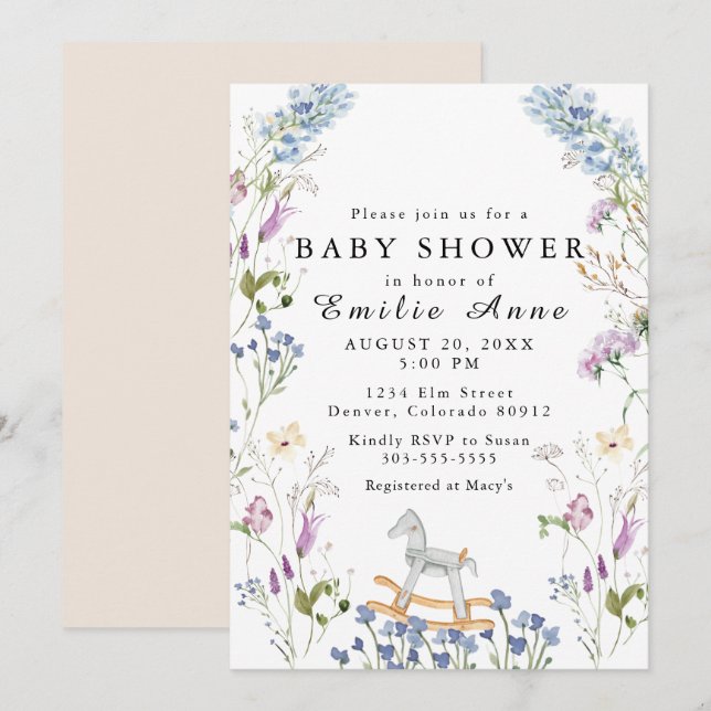 Invitación Flor silvestre acuarela Impresión suave Baby Showe (Anverso / Reverso)