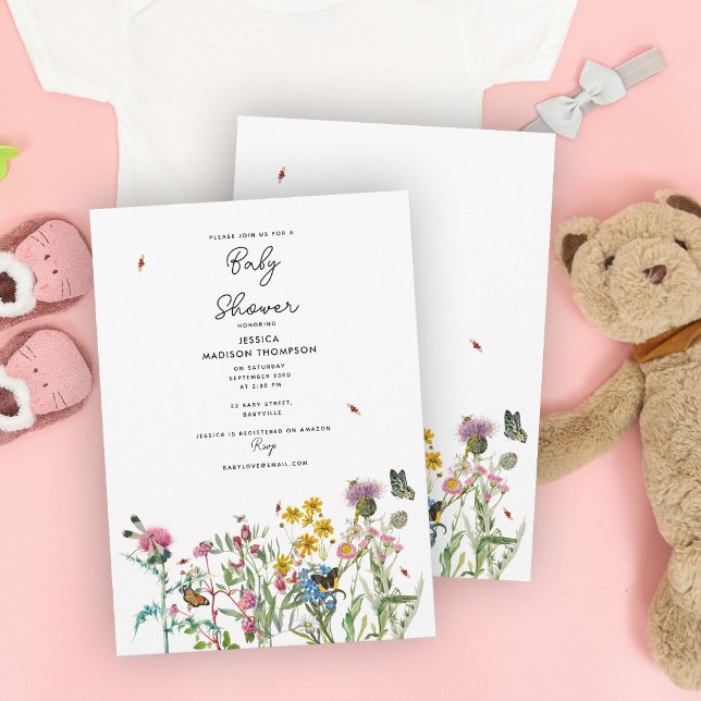Invitación Flor silvestre acuarela Inspira Baby Shower floral (Watercolor Wildflower Insects Floral Baby Shower Invitation)