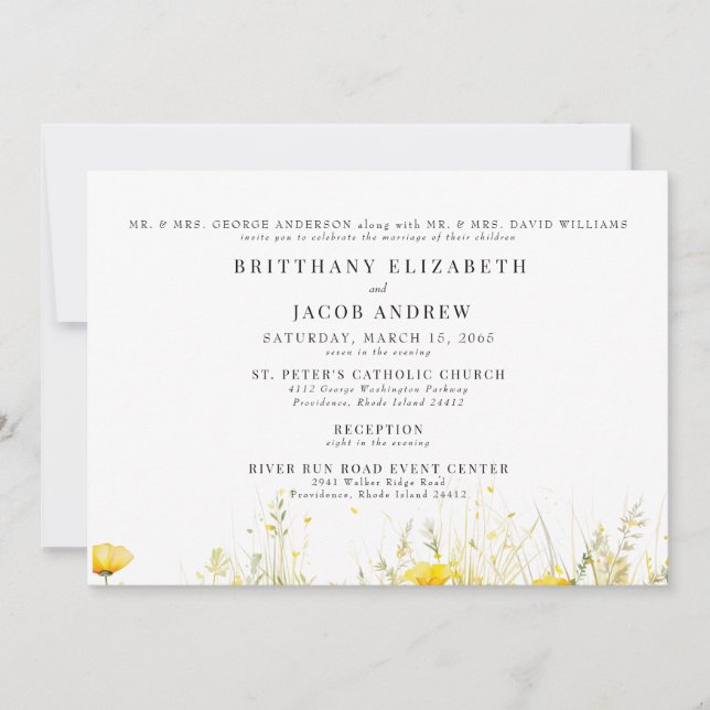 Invitación Flor silvestre amarilla ambos padres 2 Boda de ven (Anverso)