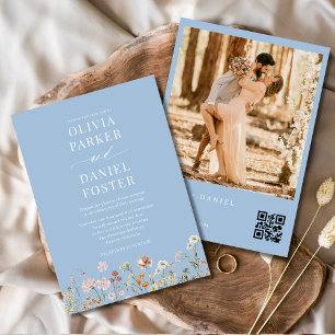 Invitación Flor silvestre azul Dusty Código QR Foto Boho Boda