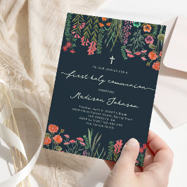 Invitación Flor silvestre azul oscuro Primera Santa Comunión