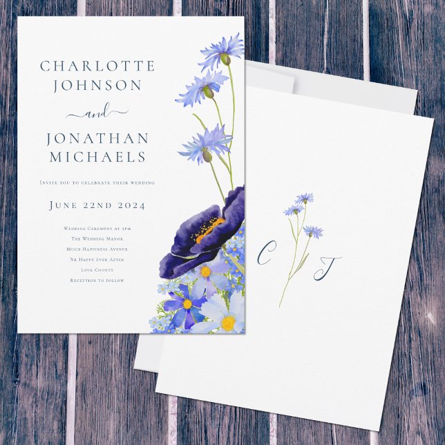 Invitación Flor Silvestre Azul Rústico (Elegant wildflower blue watercolor with bride & groom monogram artwork by artist Catherine Sweetman )
