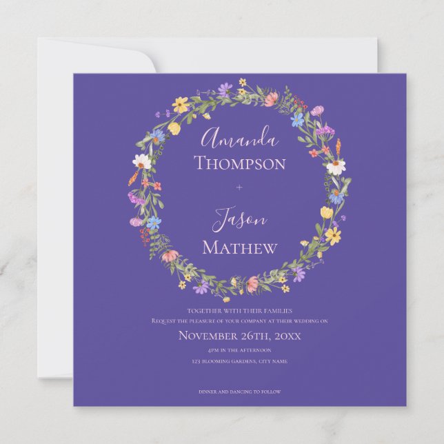 Invitación Flor silvestre azul y púrpura Floral Boda de guirn (Anverso)