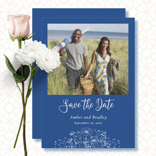 Invitación Flor silvestre blanca azul simple Foto Boda de cód (Subido por el creador)