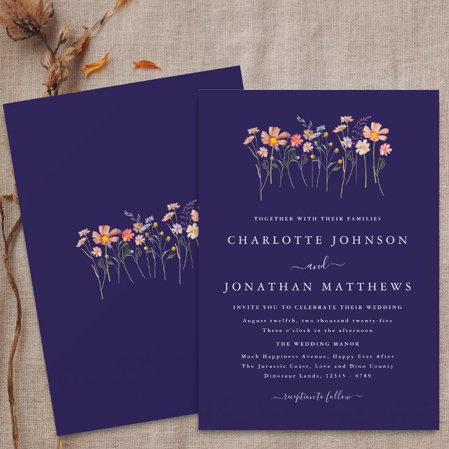 Invitación Flor silvestre Boda Marina Terracota Azul Rosa (Boho fall simple Wildflower floral navy blue terracotta blush pink Wedding invitation)