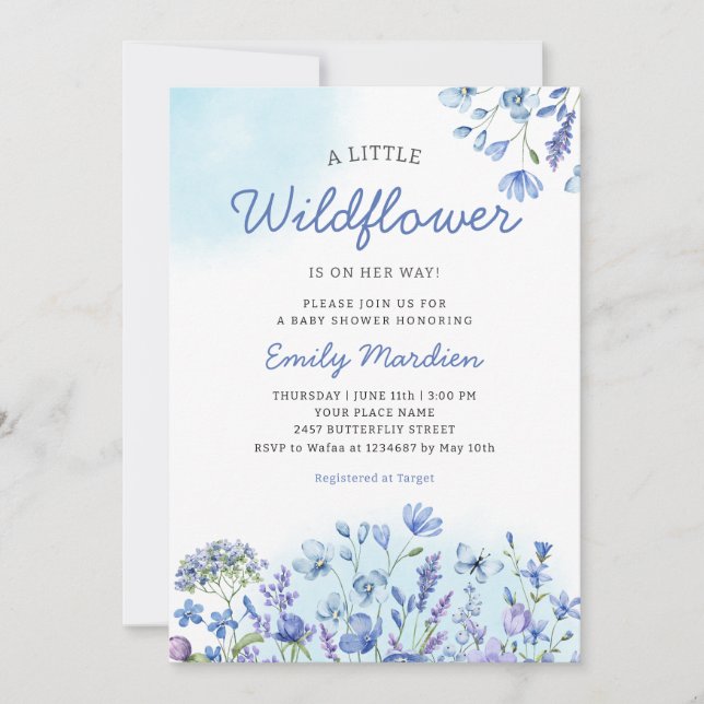 Invitación Flor silvestre Boho acuarela Blue Floral Baby Show (Anverso)