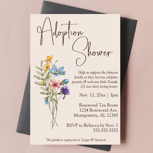Invitación Flor silvestre Boho Bebé adoptivo/ducha infantil (boho wildflower adoption baby child shower invitation modern simple botanical trendy script )