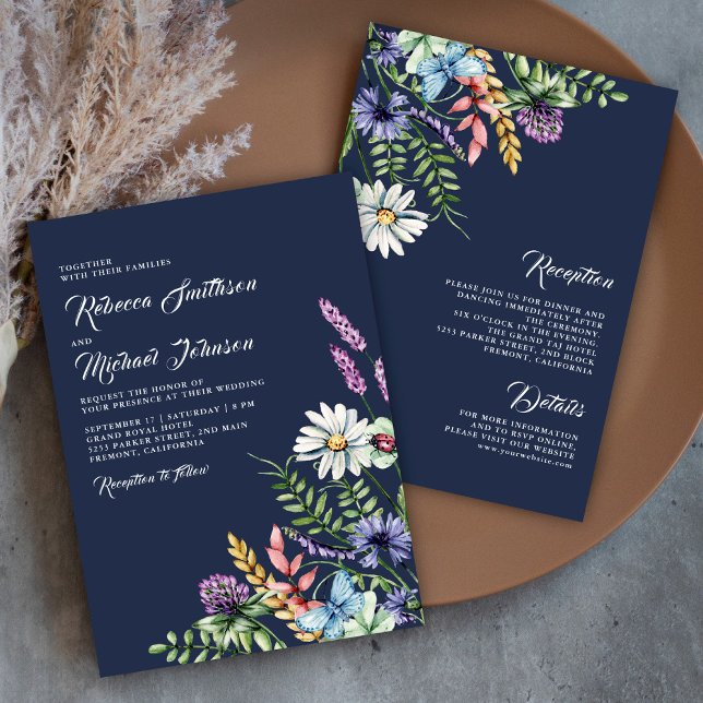 Invitación Flor silvestre Boho en un Boda azul de la marina (Subido por el creador)