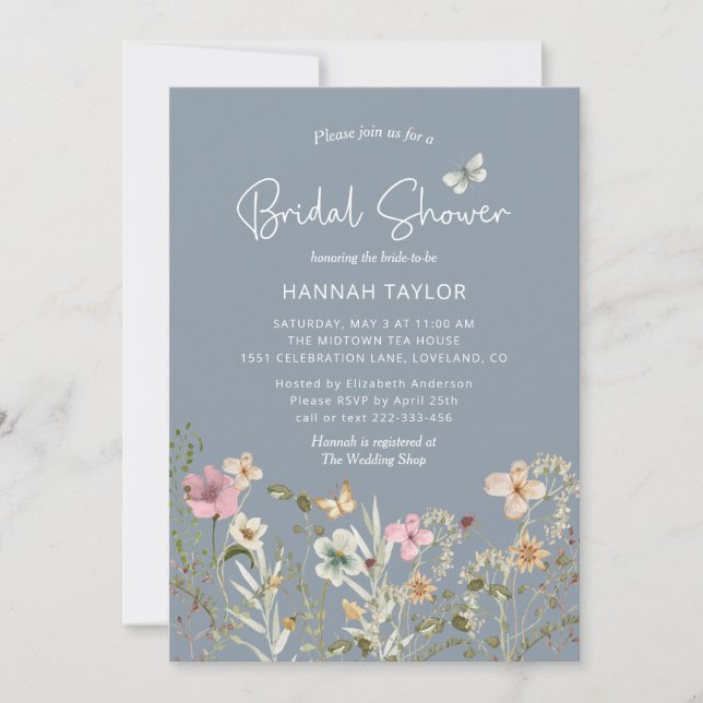 Invitación Flor silvestre Boho Floral Dusty Blue Bridal Showe (Anverso)