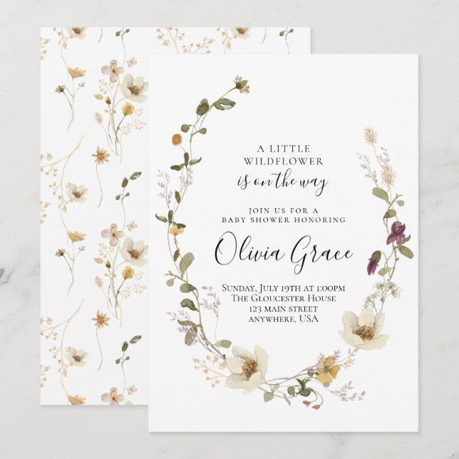 Invitación Flor silvestre Boho Floral Wreath bebé ducha (Anverso / Reverso)