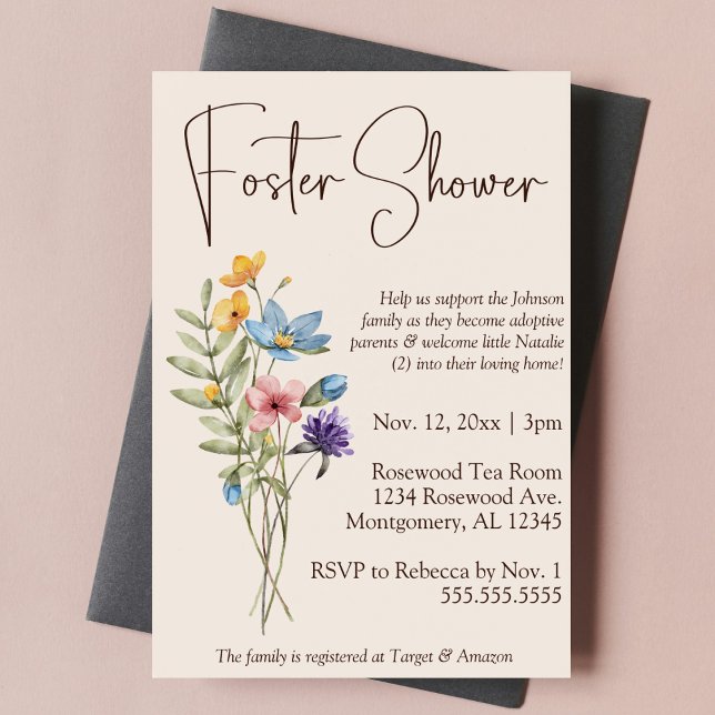 Invitación Flor silvestre Boho Foster Care Baby/Child Shower (Wildflower botanical nature foster care baby child shower invitation simple boho floral script type)