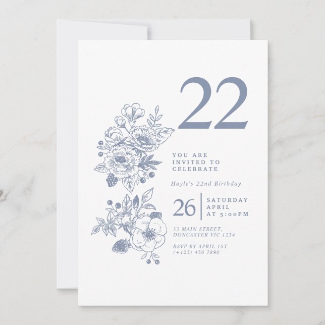 Invitación Flor silvestre botánica Dusty Blue 22º cumpleaños (Anverso)
