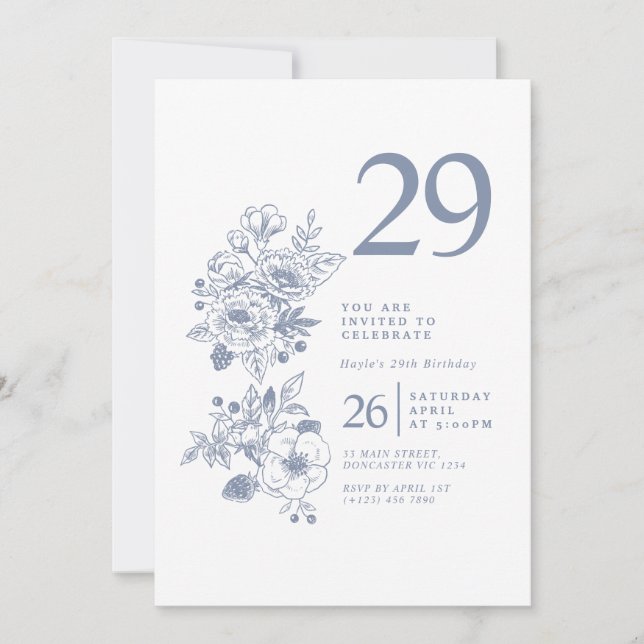 Invitación Flor silvestre botánica Dusty Blue 29º cumpleaños (Anverso)