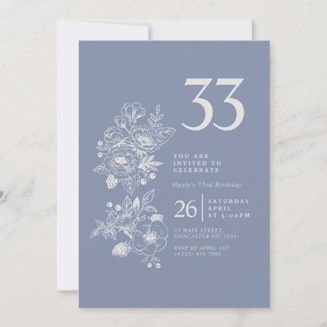 Invitación Flor silvestre botánica Dusty Blue 33 cumpleaños (Anverso)