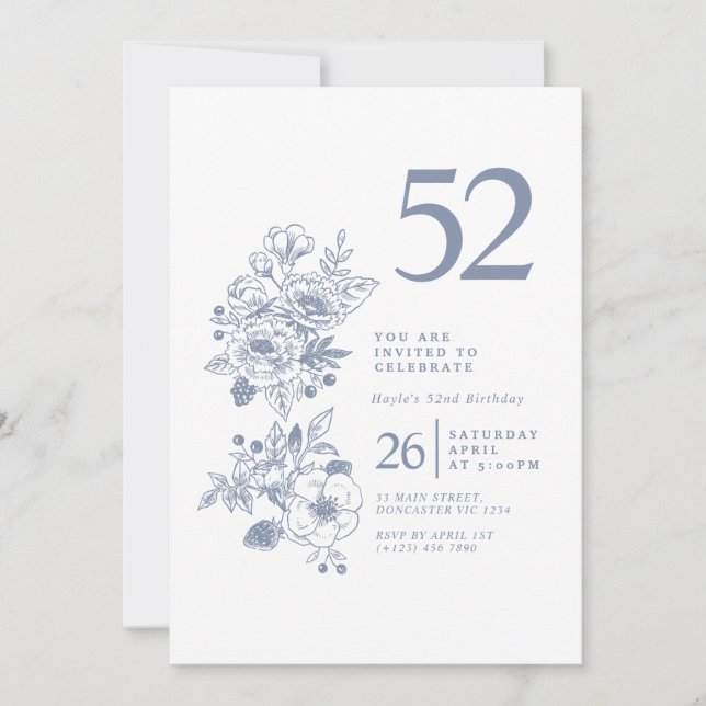 Invitación Flor silvestre botánica Dusty Blue 52º cumpleaños (Anverso)