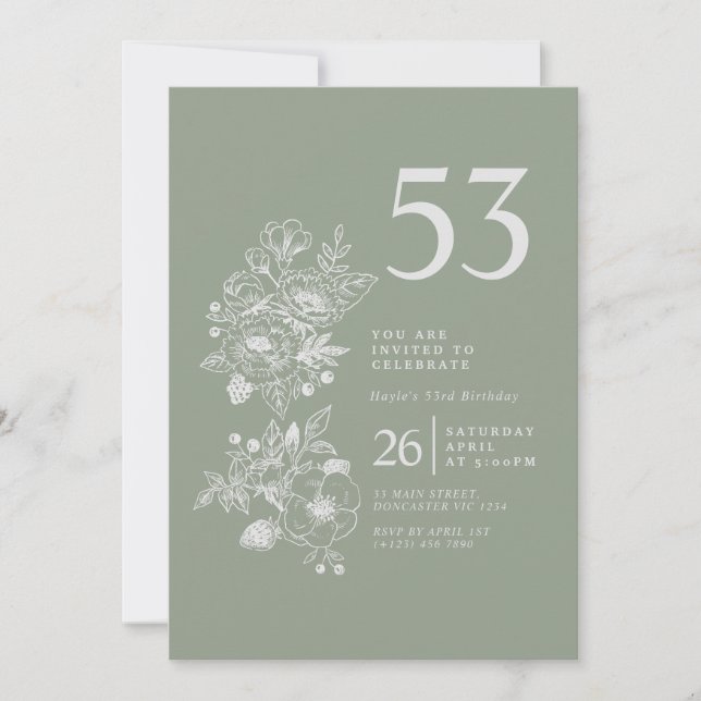 Invitación Flor silvestre botánica Dusty Blue 53 cumpleaños (Anverso)