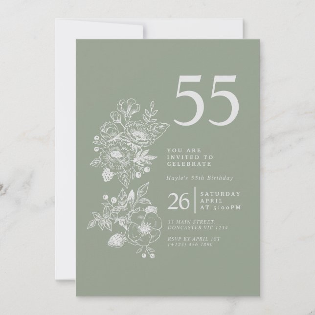 Invitación Flor silvestre botánica Dusty Blue 55th Birthday (Anverso)