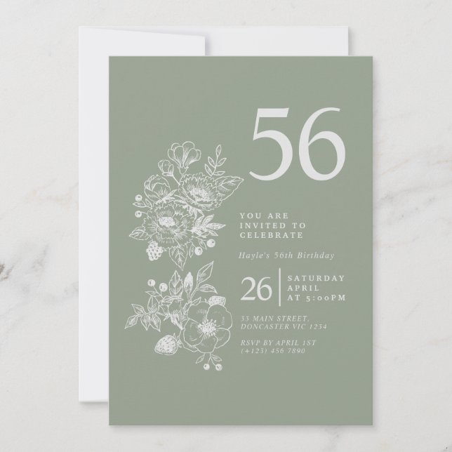 Invitación Flor silvestre botánica Dusty Blue 56º cumpleaños (Anverso)