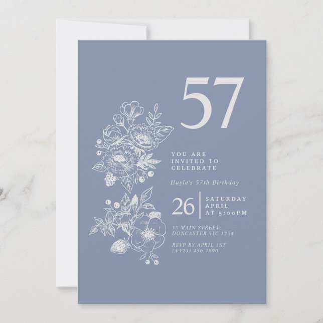 Invitación Flor silvestre botánica Dusty Blue 57º cumpleaños (Anverso)