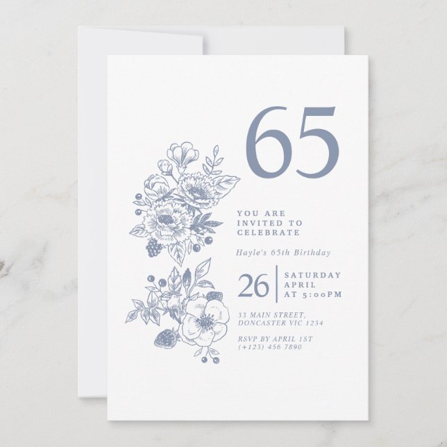 Invitación Flor silvestre botánica Dusty Blue 65º cumpleaños (Anverso)