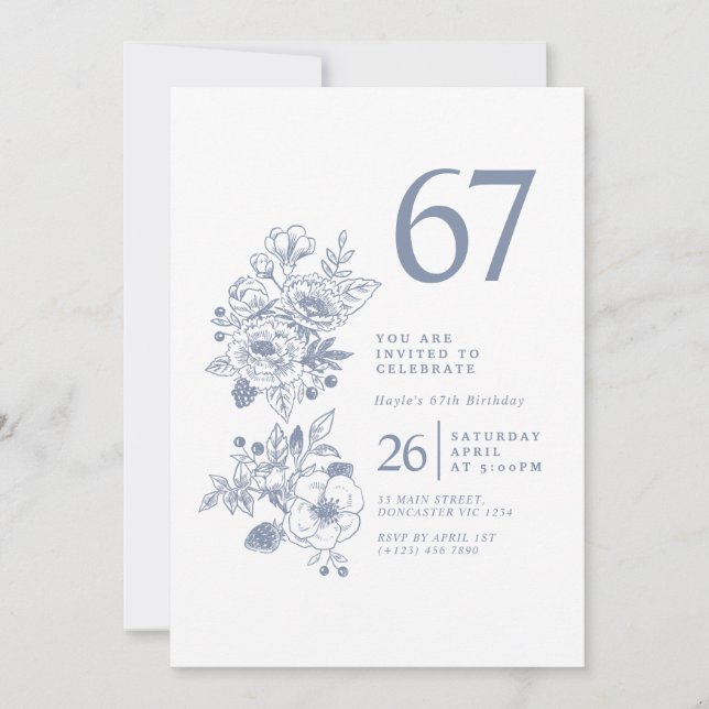 Invitación Flor silvestre botánica Dusty Blue 67º cumpleaños (Anverso)