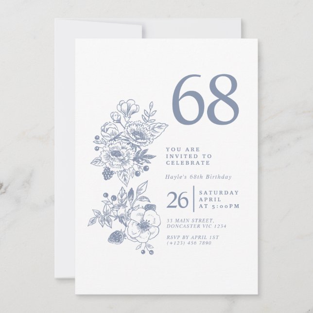 Invitación Flor silvestre botánica Dusty Blue 68º cumpleaños (Anverso)