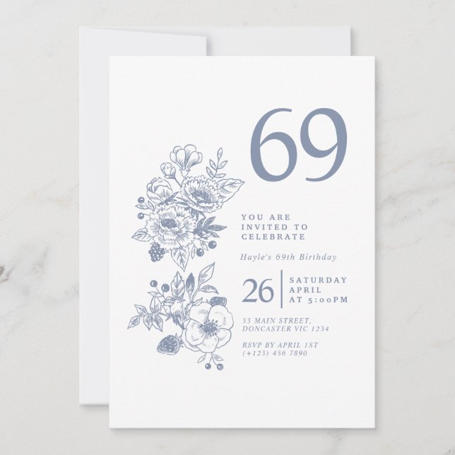 Invitación Flor silvestre botánica Dusty Blue 69º cumpleaños (Anverso)