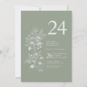 Invitación Flor silvestre botánica Sage Green 24 cumpleaños