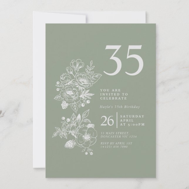 Invitación Flor silvestre botánica Sage Green 35 cumpleaños (Anverso)