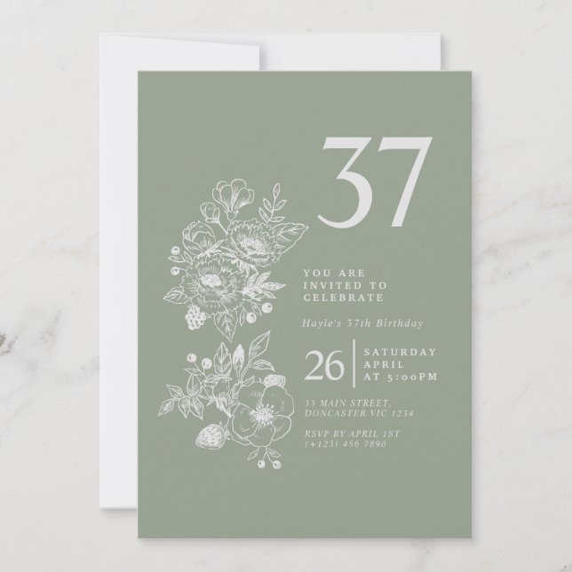 Invitación Flor silvestre botánica Sage Green 37 cumpleaños (Anverso)