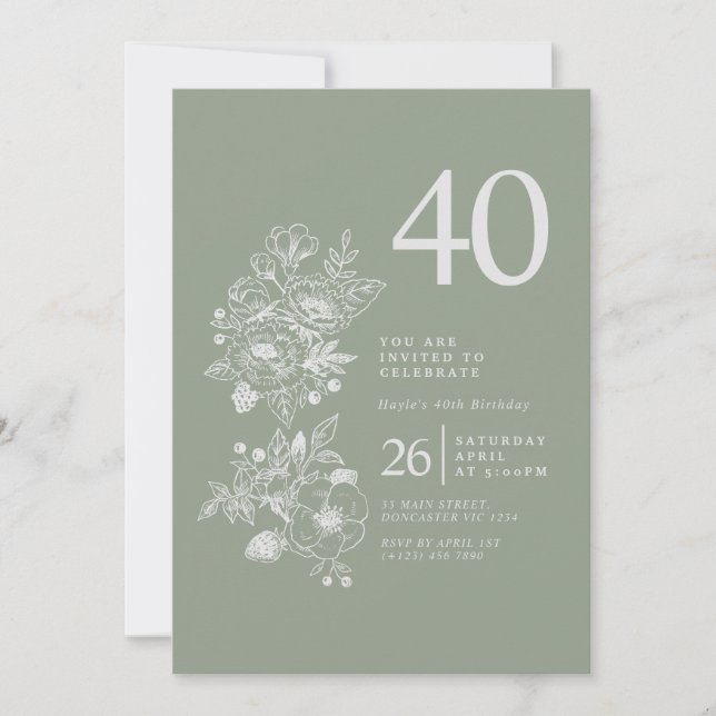 Invitación Flor silvestre botánica Sage Green 40 cumpleaños (Anverso)