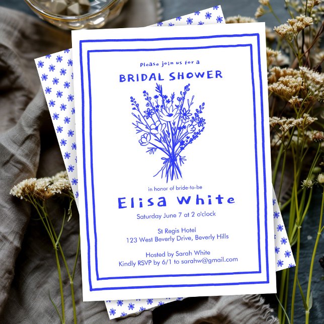Invitación Flor silvestre Bouquet Rustic Whimsical Bridal Sho (Wildflower Bouquet Rustic Whimsical Bridal Shower Custom Cute Blue White Invitation)