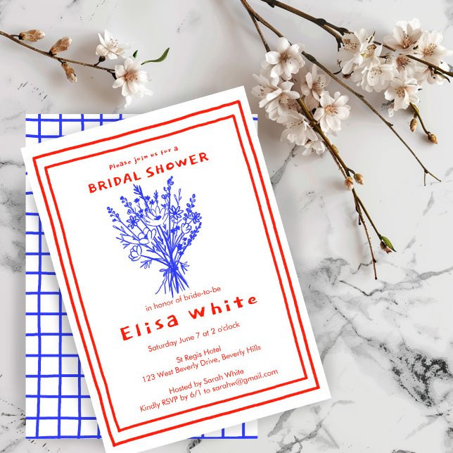 Invitación Flor silvestre Bouquet Rustic Whimsical Bridal Sho (Wildflower Bouquet Rustic Whimsical Bridal Shower Invitation red Blue Chic)