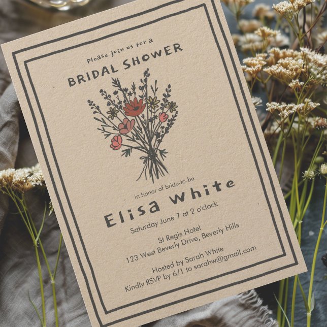 Invitación Flor silvestre Bouquet Rustic Whimsical Bridal Sho (Wildflower Bouquet Rustic Whimsical Bridal Shower Kraft Paper Invitation
)