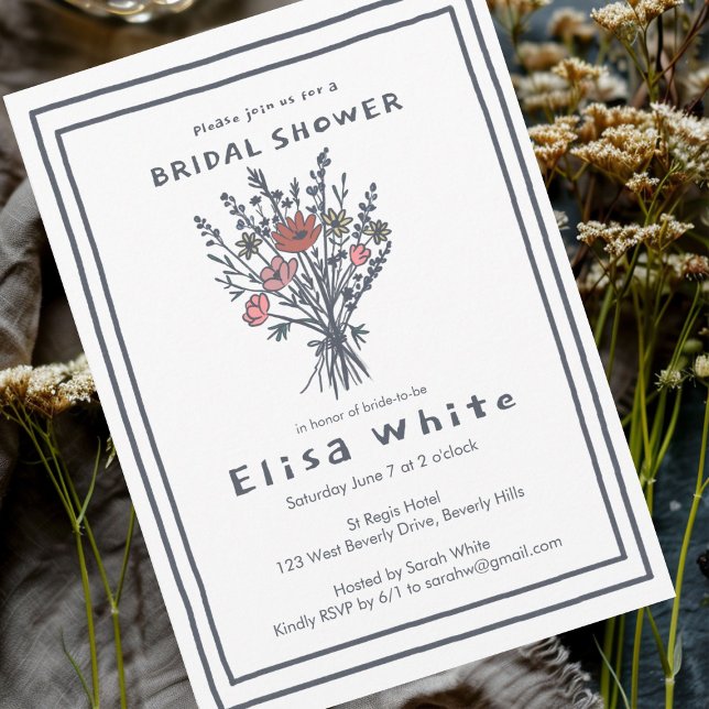 Invitación Flor silvestre Bouquet Rustic Whimsical Bridal Sho (Wildflower Bouquet Rustic Whimsical Bridal Shower Invitation Custom Doodle Sketch Scribble)