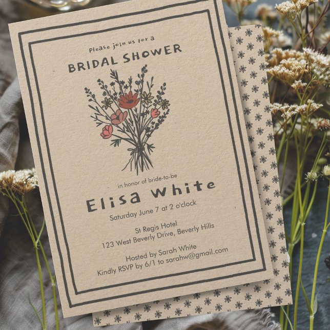 Invitación Flor silvestre Bouquet Rustic Whimsical Bridal Sho (Wildflower Bouquet Rustic Whimsical Bridal Shower Custom Invitation Kraft Paper)