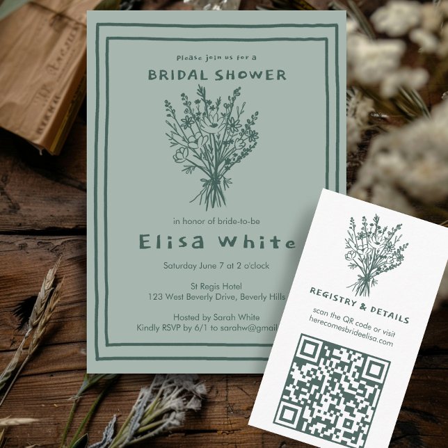 Invitación Flor silvestre Bouquet Rustic Whimsical Bridal Sho (Wildflower Bouquet Rustic Whimsical Custom Green Bridal Shower Invitation Sketch Cute )