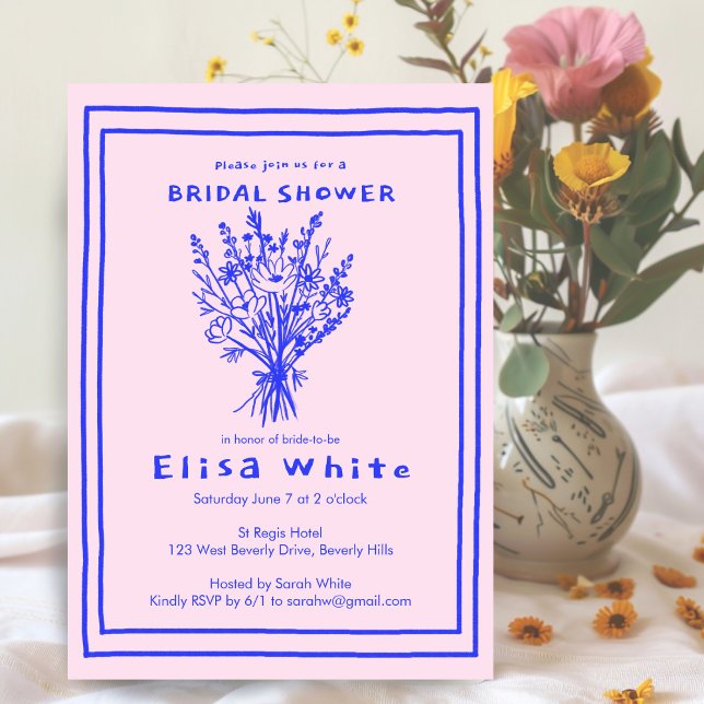 Invitación Flor silvestre Bouquet Rustic Whimsical Bridal Sho (Wildflower Bouquet Rustic Whimsical Bridal Shower Invitation Pink Blue Sketch Charming Cute)
