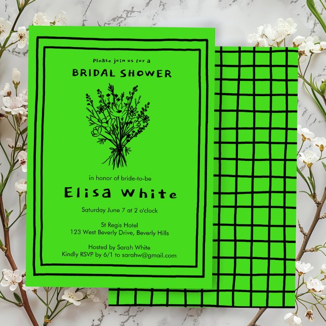 Invitación Flor silvestre Bouquet Whimsical Bridal Shower Neg (Wildflower Bouquet Whimsical Bridal Shower Bold Lime Brat Neon Invitation
)