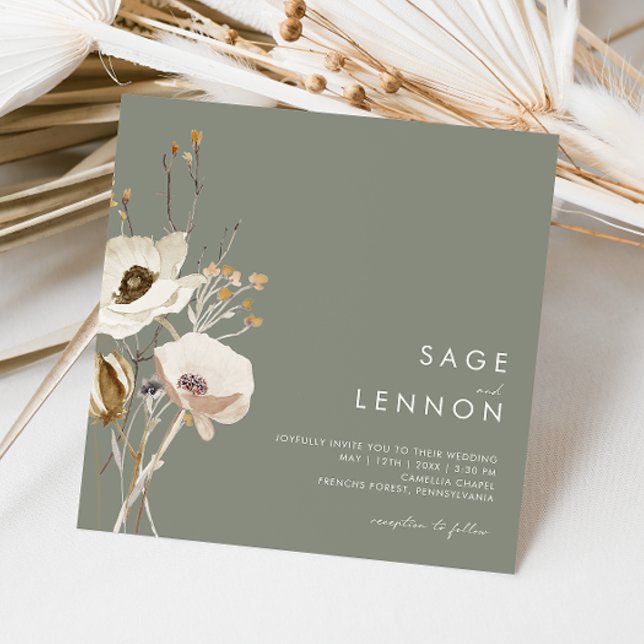 Invitación Flor silvestre caprichosa | Sage Green Square Boda (Subido por el creador)