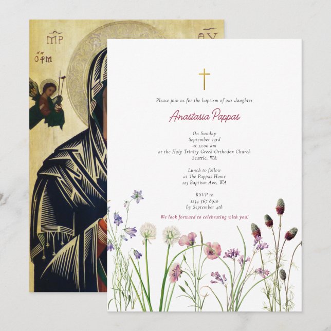 Invitación Flor silvestre Chica de bautismo ortodoxo griego c (Anverso / Reverso)
