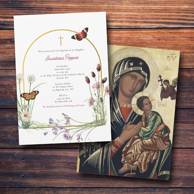 Invitación Flor silvestre Chica de bautismo ortodoxo griego c (Greek Orthodox Christening Baptism Girl Wildflower Invitation)