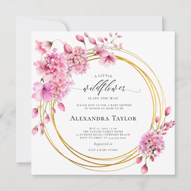 Invitación Flor silvestre Círculos de oro rosa Boho bebé duch (Anverso)