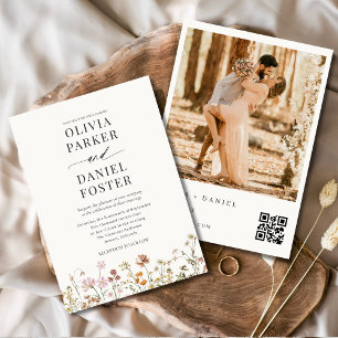Invitación Flor silvestre Código QR Foto Boho Boda Minimalist