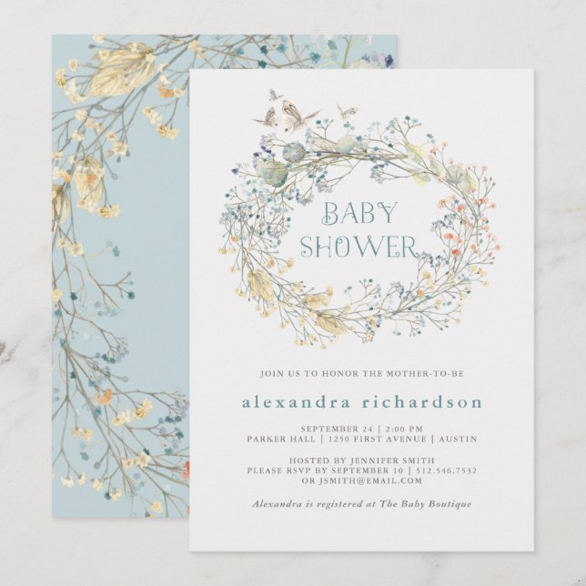 Invitación Flor silvestre con mariposa| Baby Shower (Anverso / Reverso)
