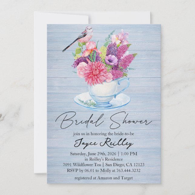 Invitación Flor silvestre Copa Dusty Blue Wood Bridal Shower (Anverso)